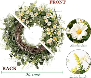Detailed 24-inch artificial daisy wreath with eucalyptus leaves and silk white flowers