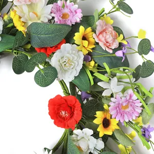 Wildflower wreath for front door with red peonies, sunflowers and eucalyptus greenery