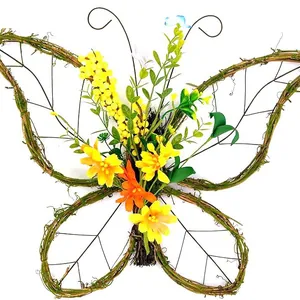 Pastoral woven rattan butterfly wreath with yellow and orange artificial flowers