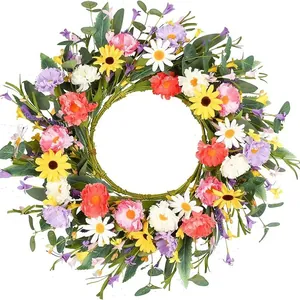 Couronne Artificielle Marguerite Tournesol Cerceau Floral Multicolore Décoration de Porte d'Entrée Mur Maison Mariage Fête