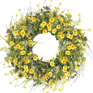 Artificial Daisy Wreath Eucalyptus Leaves Satin Flower Natural Vine Base Front Door Wall Hanging Floral Wreath For Home Wedding Decoration