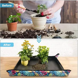 Tapete de jardinería impermeable con estampado tropical que muestra el antes y después