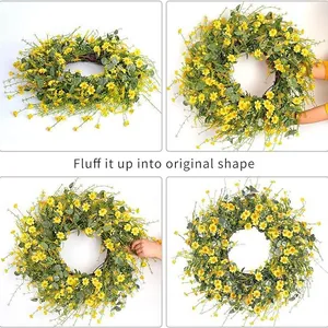 Artificial daisy and eucalyptus wreath showing how to fluff it into original shape