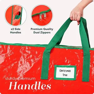 Waterproof red Christmas tree storage bag with reinforced handles and dual zippers