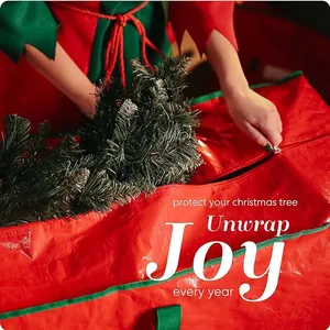 Waterproof red Christmas tree storage bag with green handles and durable zipper design