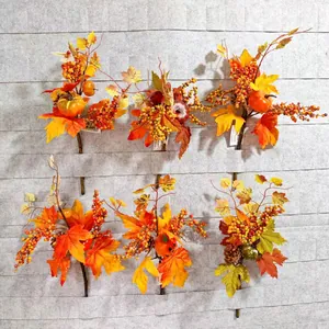 Artificial Autumn Harvest Pumpkin Maple Leaf Branches For Thanksgiving Halloween Home Decor Fall Berries Pine Cone Decorative Picks