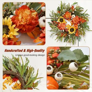 Couronne d'automne avec tournesols, citrouilles et dahlias pour déco intérieure