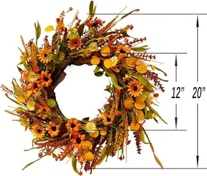 Detailed dimensions of 20-inch autumn harvest wreath with sunflowers and yellow berries