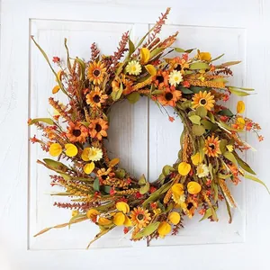 50cm Autumn door wreath with orange sunflowers, yellow daisies and natural vine base