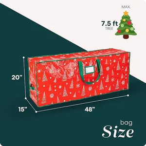 Detail of red waterproof Christmas tree storage bag with handles and 48x15x20 inch dimensions