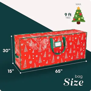 Detail view of red 65x15x30 inch storage bag with handles for 9ft Christmas trees