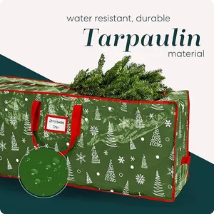 Waterproof green tarpaulin storage bag for Christmas trees with red handles and tag slot