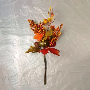 Artificial pumpkin branch with maple leaves, red berries, and pine cone for fall home decor
