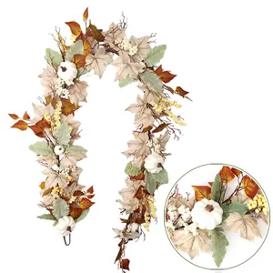 Kunstmatige Herfst Esdoornblad Slinger Met Witte Pompoenen En Gele Bessen Voor Thanksgiving Halloween Oogst Boerderij Decoratie Rank