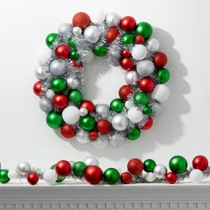 Christmas Ball Wreath Ornament Plastic Shiny Matte Glitter Baubles Hanging Garland For Front Door Wall Fireplace Home Holiday Party Decoration