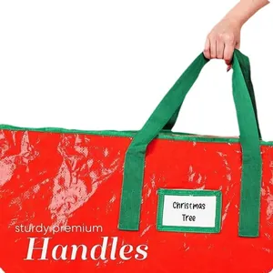 Waterproof Christmas tree storage bag with sturdy green reinforced handles and card window