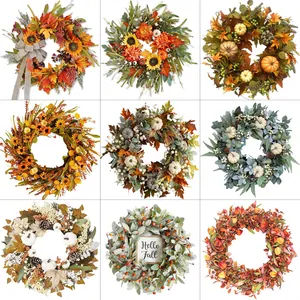 Couronne Artificielle Récolte Automnale Avec Citrouille Feuille d'Érable Tournesol Baie Pour Porte Mur Action de Grâce