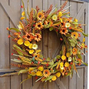 50cm autumn harvest wreath with yellow daisies and sunflowers on rustic wood door decoration