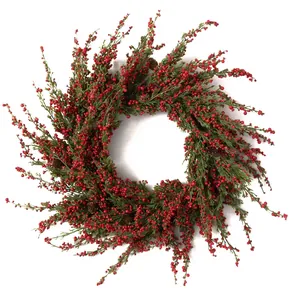 Guirnalda de Navidad Artificial de Bayas Rojas Agujas de Pino Swag con Piñas Puerta Pared Colgante Decoración Navideña