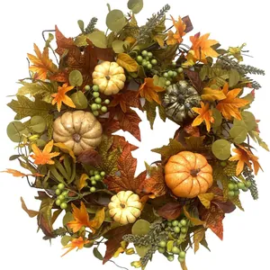 Artificial Autumn Wreath With Maple Leaves Pumpkins Green Berries For Thanksgiving Halloween Fall Harvest Door Wall Decor