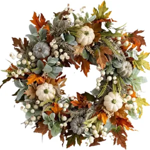 Artificial Autumn Pumpkin Maple Leaf Wreath With Pine Cones Berries For Halloween Thanksgiving Front Door Wall Decor Home Ornament
