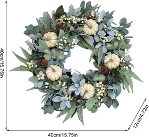Detail showing 40cm autumn wreath with white pumpkins, pine cones and berries