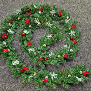 5M Christmas garland with pine needles, red bows and shiny ornaments for holiday decor