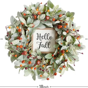 Künstlicher Herbstkranz Mit Mini Kürbissen Orangen Beeren Hello Fall Holzschild Haustür Wand Herbst Heimdekoration