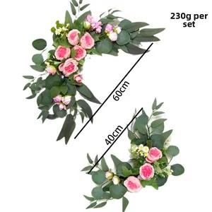 Detail of 2pcs artificial pink rose and eucalyptus floral set for wedding arch decor