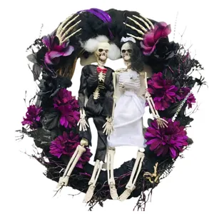 Halloween wreath with skeleton bride and groom, purple faux flowers and spooky hands