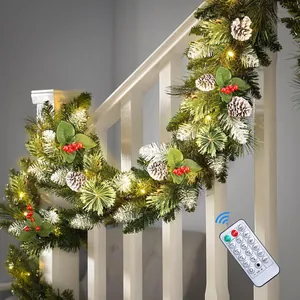 Christmas Pine Needle Garland With Pine Cones Red Berries Snow Tipped PVC Decorative Vine With Remote LED Lights Holiday Home Decor