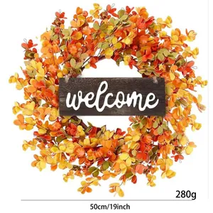 Autumn Wreath Thanksgiving Decoration For Front Door With Pumpkin Maple Leaves Berries And Welcome Wood Sign Fall Harvest Home Decor