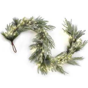 Kunstmatige Kerst Dennennaald Slinger Met Warm Witte Led Verlichting Sneeuwvlokken Slinger Voor Open Haard Deur Kerst Decoratie