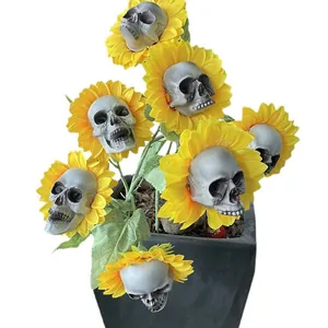 Halloween sunflower skull garden stake arrangement in black pot for outdoor decor