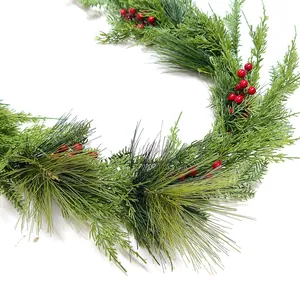 Detailed close-up of realistic pine needles and red berries on a Christmas wreath