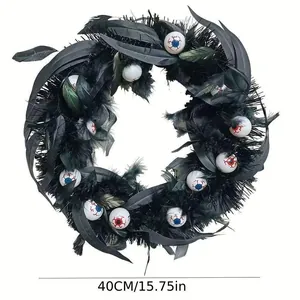 Ghirlanda nera di Halloween con piume e bulbi oculari spaventosi, diametro 40 cm
