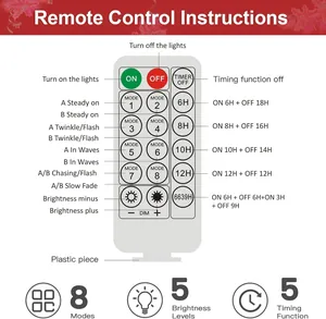 Remote control for LED Christmas garland showing 8 light modes and brightness settings
