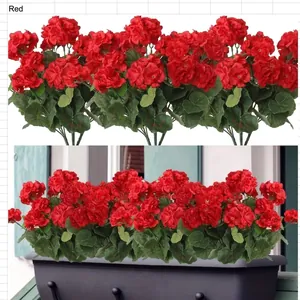 Artificial red geranium flowers in black planter box for outdoor balcony decor