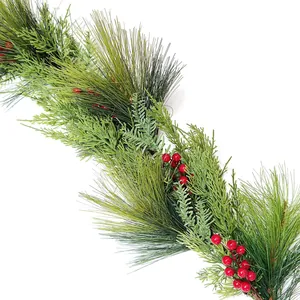 Christmas garland with mixed PE pine needles, red berries and pine cones on white background