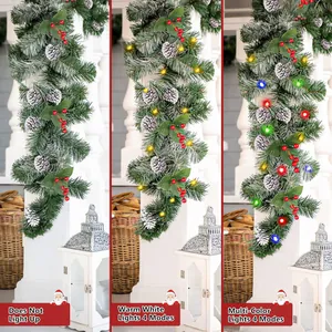 Detail of Christmas pine garland with snowy cones and berries in three light modes