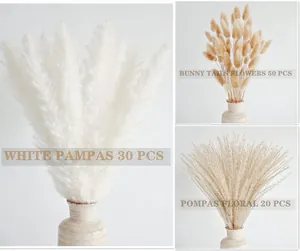 Detail of 100pcs dried pampas grass bouquet set with white reed and rabbit tail grass