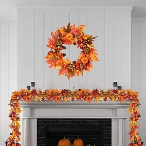 Autumn wreath and maple leaf garland set with pumpkins and pine cones for home decor