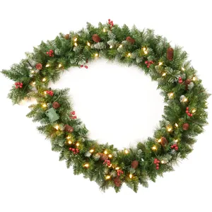 Artificial Christmas pine garland with pinecones, red berries and warm LED lights