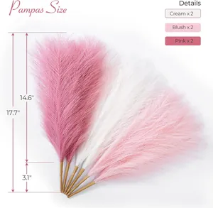 Detailed dimension guide for 17.7 inch faux pampas grass set in cream and pink tones