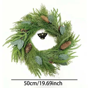 50cm Christmas Wreath With Pine Cones Metal Bells Cedar Artificial Garland For Front Door Wall Home Holiday Party Decor