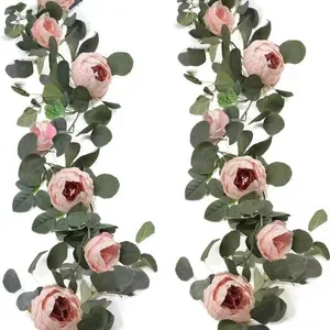 Artificial eucalyptus garland with pink silk roses and peonies for wedding arch decoration