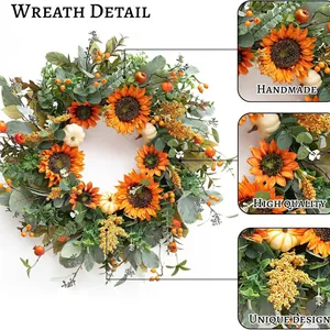 Large autumn wreath with sunflowers and pumpkins for farmhouse indoor outdoor decor