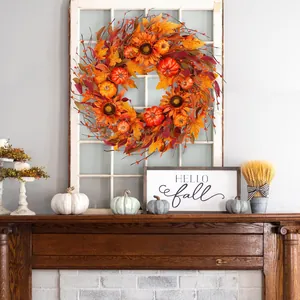 Rustic Autumn Wreath With Artificial Sunflowers Pumpkins Maple Leaves Berries Natural Vine For Thanksgiving Halloween Door Decor