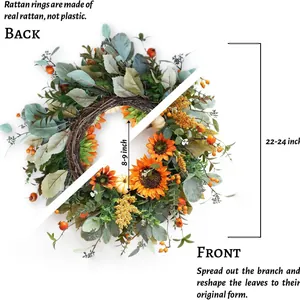 Large autumn door wreath with sunflowers, white pumpkins, and eucalyptus on a vine base