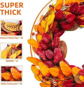 Detail view of autumn wreath with 28 wood pieces, 14 berries and 28 fall leaves